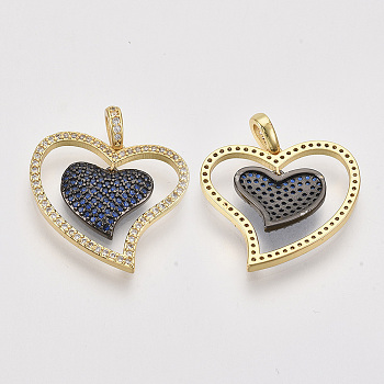 Brass Micro Pave Cubic Zirconia Pendants, Heart, Nickel Free, Gunmetal & Real 18K Gold Plated, Blue, 22.5x22.5x2.5mm, Hole: 2.5x3.5mm
