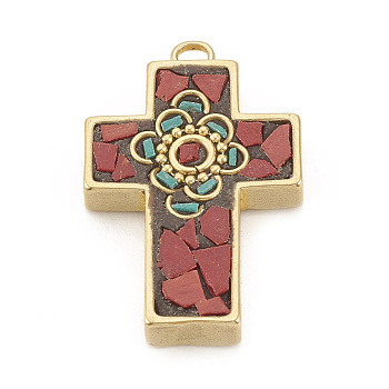 Handmade Indonesia Pendants, with Raw(Unplated) Brass Findings, Cross, Red, 36x23x6mm, Hole: 3mm