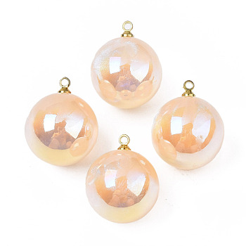 ABS Plastic Imitation Pearl Pendants, with Golden Brass Findings, AB Color Plated, Round, Bisque, 19.9x16mm, Hole: 1.5mm