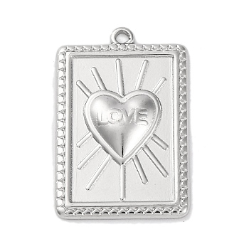 Anti-Tarnish 304 Stainless Steel Pendants, Rectangle with Heart & Word Love Charm, Stainless Steel Color, 27.5x18x2mm, Hole: 1.6mm