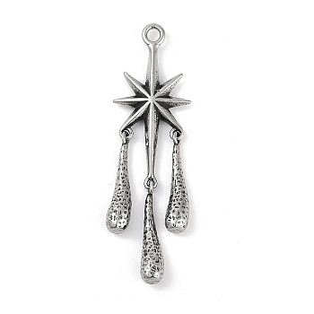 316 Surgical Stainless Steel Big Pendants, Star with Teardrop Charm, Antique Silver, 51x15x3~4.5mm, Hole: 2.3mm