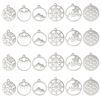 DICOSMETIC 24Pcs 6 Style 201 Stainless Steel Laser Cut Pendants,  Filigree Joiners Findings,  Flat Round, Stainless Steel Color, 17~22x14.5~20x1mm, Hole: 1.5mm, 4pcs/style