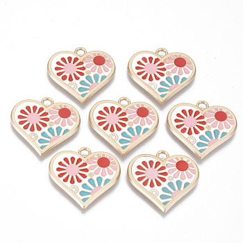 Alloy Enamel Pendants, Cadmium Free & Lead Free, Heart with Flower, Light Gold, Colorful, 21x22x1.5mm, Hole: 2mm