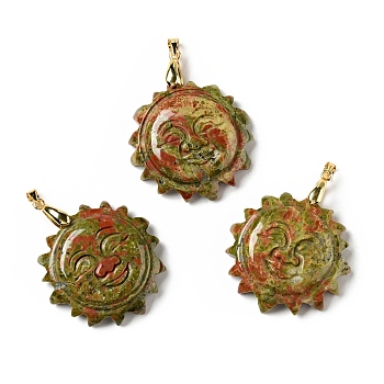 Natural Unakite Pendants, with Golden Tone Brass Findings, Lead Free & Cadmium Free, Sun with Smiling Face, 42x34~35x10.5mm, Hole: 3.8x5mm