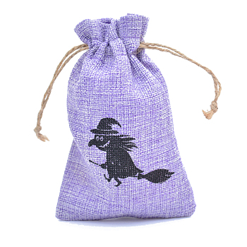 Halloween Burlap Packing Pouches, Drawstring Bags, Rectangle with Witch Pattern, Lilac, 15x10cm