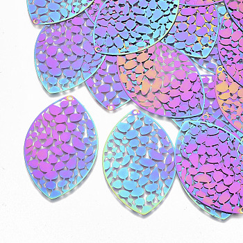Ion Plating(IP) 201 Stainless Steel Filigree Big Pendants, Etched Metal Embellishments, Leaf, Rainbow Color, 50x32x0.3mm, Hole: 1.6mm