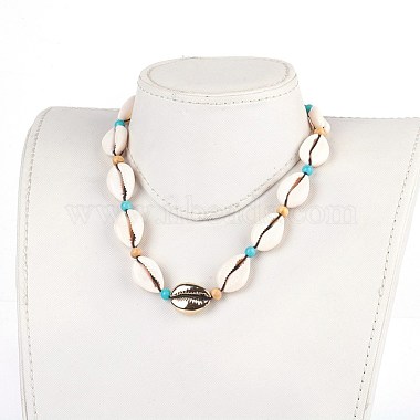 Adjustable Cowrie Shell and Synthetic Turquoise Beaded Necklaces(NJEW-JN02300-02)-4