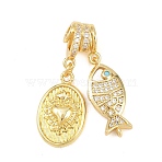Brass Micro Pave Cubic Zirconia Pendants, Fish with Oval Charms, Cadmium Free & Lead Free, Rack Plating, Long-Lasting Plated, Real 18K Gold Plated, 32.5mm, Hole: 4mm adn 3mm (KK-Z151-07G)