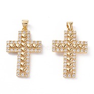 Brass Micro Pave Clear Cubic Zirconia Pendants, Long-Lasting Plated, Cross, Real 18K Gold Plated, 30x19.5x2.5mm, Hole: 4.5x3.5mm(ZIRC-M116-03G)
