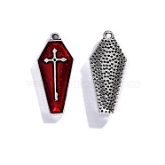 Halloween Alloy Enamel Pendants, Antique Silver, Coffin Shape, Cross, 26x11.50mm(PW-WGC2B6D-01)