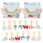 Sea Animal Pendant Stitch Markers, Alloy Enamel Crochet Lobster Clasp Charms, Locking Stitch Marker with Wine Glass Charm Ring, Whale/Cuttlefish/Crab, Mixed Color, 3.5~4cm, 7 style, 2pcs/style, 14pcs/set, 2 sets/box(HJEW-AB00318)