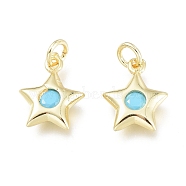 Brass Charms, with Synthetic Turquoise inside and Jump Ring, Long-Lasting Plated, Star, Real 18K Gold Plated, 11.5x9x2.5mm, Jump Ring: 4x0.7mm, Inner Diameter: 2.6mm(ZIRC-L076-057G)