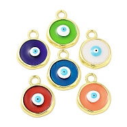 Rack Plating Brass Enamel Pendants, Long-Lasting Plated, Real 18K Gold Plated, Cadmium Free & Lead Free, Flat Round with Evil Eye Charm, Mixed Color, 28x22x4mm, Hole: 4.7mm(KK-A205-07G)