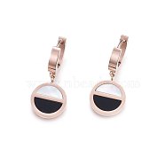 304 Stainless Steel Dangle Hoop Earrings, with Shell, Flat Round, Rose Gold, 31mm, Pendant: 16.5x13x2mm, Pin: 1mm(EJEW-H367-23RG)