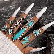 8Pcs 8 Style Synthetic Turquoise Finger Ring Sets for Women, Alloy Stackable Rings, Inner Diameter: 15~18mm, 1Pc/style(PW-WG14783-01)