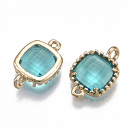 Glass Links connectors, with Brass Findings, Faceted, Square, Golden, Dark Turquoise, 14.5x9.5x3.5mm, Hole: 0.8~1.2mm(GLAA-S179-07F)