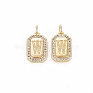 Brass Micro Pave Clear Cubic Zirconia Pendants, Nickel Free, Real 18K Gold Plated, Rectangle with Letter, Letter.W, 16x9.5x2mm, Jump Ring: 5x0.5mm, Inner Diameter: 3mm(KK-S356-767W)