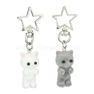Flocky Resin Couple Cat Pendant Decoration, with Star Alloy Swivel Clasps, Mixed Color, 72mm, 2pcs/set(HJEW-JM01210)