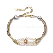 Glass & ABS Plastic Imitation Pearl Link Bracelets, Braided Polyester Cord Bracelets for Women Men, Golden, 9-7/8 inch(25cm)(BJEW-JB10425)