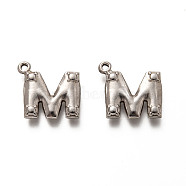201 Stainless Steel Pendants, Letter M, Stainless Steel Color, 16x17x3mm, Hole: 1.4mm(STAS-H125-51P)