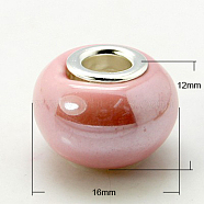 Handmade Porcelain European Beads, Large Hole Beads, with Nickel Color Brass Double Cores, Rondelle, Salmon, 16x12mm, Hole: 5mm(X-PORC-H009-10)