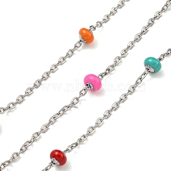 304 Stainless Steel Enamel Link Chains, Soldered, with Spool, Flat Round, Mixed Color, 2x1.5x0.5mm(AJEW-Z028-09P-07)