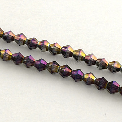 Electroplate Glass Bead Strands, Rainbow Plated, Faceted Bicone, Purple, 3x3.5mm, Hole: 1mm, about 125~130pcs/strand, 18 inch(EGLA-R094-3mm-10)
