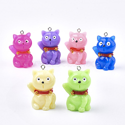 Resin Lucky Kitten Pendants, with Platinum Tone Iron Findings, Maneki Neko/Beckoning Cat Shape, Mixed Color, 37x24.5x20mm, Hole: 2mm(RESI-T021-02)