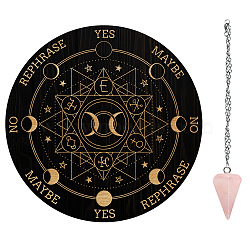 AHADEMAKER 1Pc Cone/Spike/Pendulum Natural Rose Quartz Stone Pendants, 1Pc 304 Stainless Steel Cable Chain Necklaces, 1Pc PVC Custom Pendulum Board, Dowsing Divination Board, Star Pattern, Board: 200x4mm(DIY-GA0004-59D)