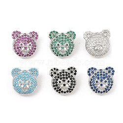 Brass Micro Pave Cubic Zirconia Slide Charms, Long-Lasting Plated, Bear, Platinum, 13x13x6.5mm, Hole: 3.5x10mm(ZIRC-I068-04P)