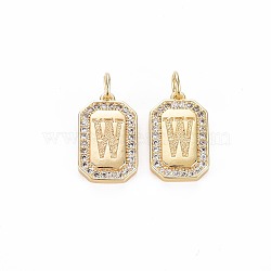 Brass Micro Pave Clear Cubic Zirconia Pendants, Nickel Free, Real 18K Gold Plated, Rectangle with Letter, Letter.W, 16x9.5x2mm, Jump Ring: 5x0.5mm, Inner Diameter: 3mm(KK-S356-767W)