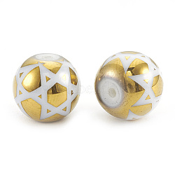 Electroplate Glass Beads, for Jewish, Round with Star of David, Golden Plated, 10x9.5~10mm, Hole: 1.2mm, 200pcs/bag(EGLA-T009-09F)