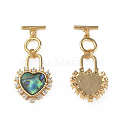 Brass Micro Pave Clear Cubic Zirconia Toggle Clasps, with Synthetic Abalone Shell/Paua Shell, Nickel Free, Heart, Real 18K Gold Plated, 44mm, Hole: 1mm, Heart: 26.5x19x4mm(KK-N233-222)