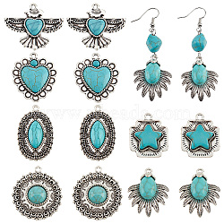 Elite 12Pcs 6 Styles Synthetic Turquoise Pendants, with Antique Silver Tone Alloy Findings, Eagle & Square & Oval & Flat Round & Heart, 27~35x22~34x6~8mm, Hole: 1.8~2.2mm, 2pcs/style(TURQ-PH0001-05)