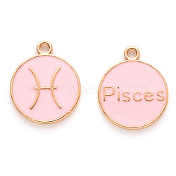 Alloy Enamel Pendants, Cadmium Free & Lead Free, Flat Round with Constellation, Light Gold, Pink, Pisces, 22x18x2mm, Hole: 1.5mm(ENAM-S124-01A-09H)