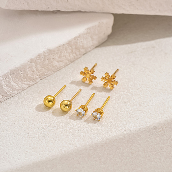 Elegant Stainless Steel Snowflake Stud Earring Sets, Golden, 3~7mm