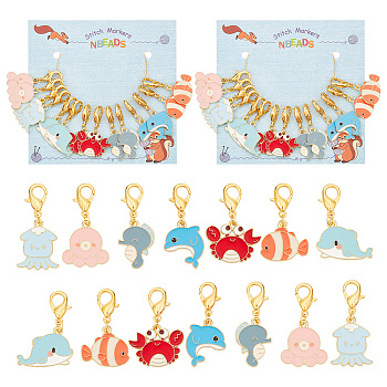 Sea Animal Pendant Stitch Markers, Alloy Enamel Crochet Lobster Clasp Charms, Locking Stitch Marker with Wine Glass Charm Ring, Whale/Cuttlefish/Crab, Mixed Color, 3.5~4cm, 7 style, 2pcs/style, 14pcs/set, 2 sets/box