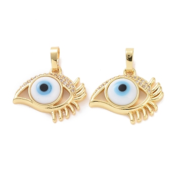 Brass Micro Pave Cubic Zirconia Pendants, with Handmade Evil Eye Lampwork, Eye Charm, Real 18K Gold Plated, White, 17x20x4.5mm, Hole: 4x6mm