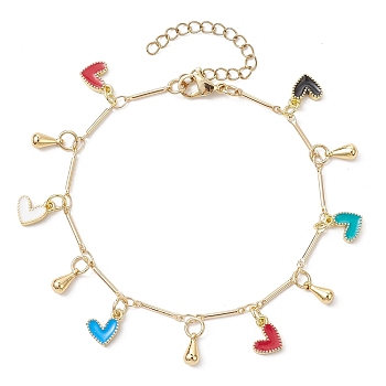 Brass Colorful Enamel Heart Link Chains Bracelet, for Valentine's Day, Golden, 9-3/8 inch(23.9cm)