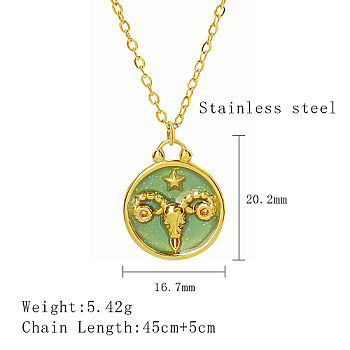 Stainless Steel Enamel Constellation Pendant Necklaces, Real 18K Gold Plated, Aries, 17.72 inch(45cm), Pendant: 20.2x16.7mm