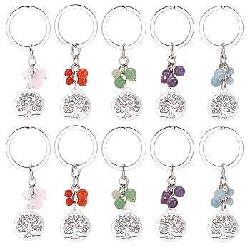 Elite 10Pcs Alloy Keychain, with Gemstone Beads, Flat Round with Tree of Life, 89mm