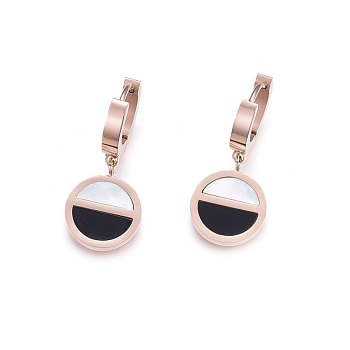 304 Stainless Steel Dangle Hoop Earrings, with Shell, Flat Round, Rose Gold, 31mm, Pendant: 16.5x13x2mm, Pin: 1mm