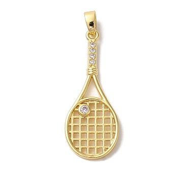 Brass Micro Pave Cubic Zirconia Pendants, Long-Lasting Plated, Cadmium Free & Lead Free, Badminton Racket, Real 18K Gold Plated, 31x12.5x2.5mm, Hole: 3.5x2mm