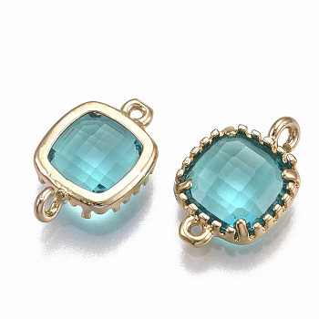 Glass Links connectors, with Brass Findings, Faceted, Square, Golden, Dark Turquoise, 14.5x9.5x3.5mm, Hole: 0.8~1.2mm