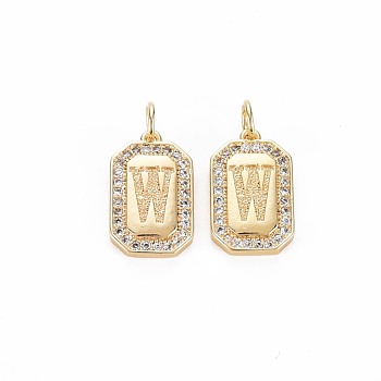 Brass Micro Pave Clear Cubic Zirconia Pendants, Nickel Free, Real 18K Gold Plated, Rectangle with Letter, Letter.W, 16x9.5x2mm, Jump Ring: 5x0.5mm, Inner Diameter: 3mm