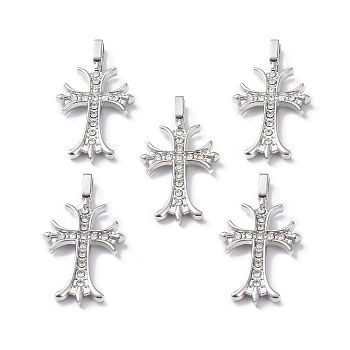 Alloy Rhinestone Pendants, Cadmium Free & Lead Free, Cross Charms, Platinum, 35x19.5x3.5mm, Hole: 5.5x3mm