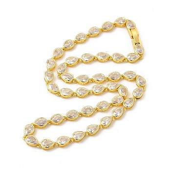 Clear Cubic Zirconia Teardrop Link Chain Necklace, Rack Plating Brass Jewelry for Women, Cadmium Free & Lead Free, Real 18K Gold Plated, 15.51 inch(39.4cm)