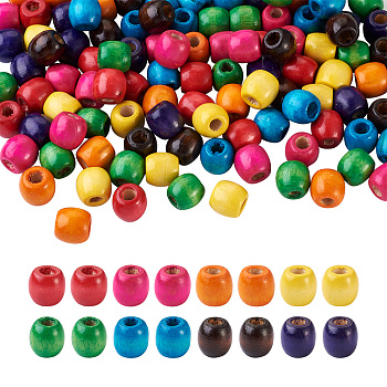 240Pcs 8 Color Craftdady Dyed Natural Maple Wood Beads, Barrel, Lead Free, Mixed Color, 16~17x16mm, Hole: 8mm, 30pcs/color