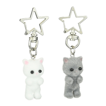 Flocky Resin Couple Cat Pendant Decoration, with Star Alloy Swivel Clasps, Mixed Color, 72mm, 2pcs/set