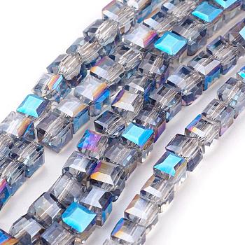 Electroplate Glass Beads Strands, Half Plated, Faceted Cube, Sky Blue, 4x4x4mm, Hole: 1mm, about 100pcs/strand, 16.9 inch